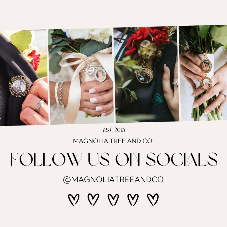 May include: A collage of four wedding photos featuring gold-toned photo charms attached to bouquets and lapels. Text reads: EST. 2013 MAGNOLIA TREE AND CO. FOLLOW US ON SOCIALS @MAGNOLIATREEANDCO with five heart icons below the text.