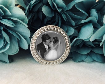Photo Memorial Pin, Groom Boutonniere Lapel Pin, Bridal Bouquet Charm, Memorial Pin for Groom Boutonniere, Round Antique Silver Brooch