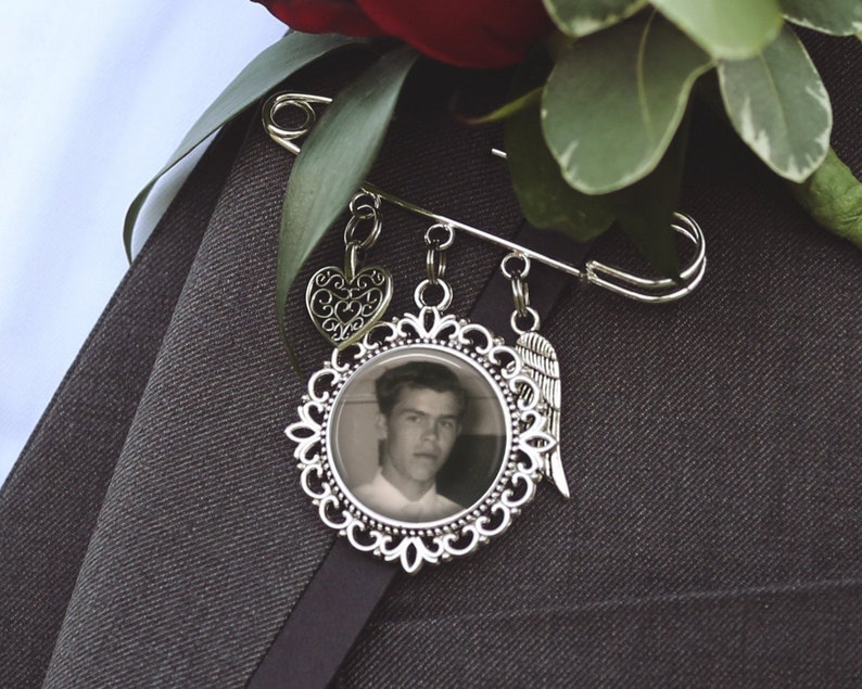 Custom Photo /& Text Bridal Bouquet Charm Groom Boutonniere Memorial Charm Single or Double Sided Photo Memorial Charm Pin