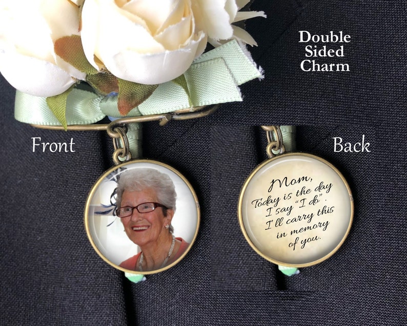 Wedding Bouquet Photo Charm, Memorial Pin, Groom Boutonniere, Bridal Bouquet Charm, Wedding Memorial Charm, Bronze, Silver or Gold Bronze - Parchment