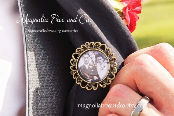 Photo Memorial Pin, Groom Boutonniere Lapel Pin, Bridal Bouquet Charm, Custom Photo Memorial Charm, Antique Bronze Il_570xn