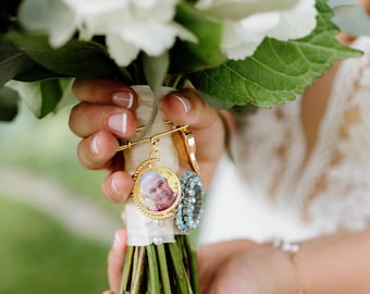 Personalized Memorial Bouquet Charm, Double Sided Wedding Photo Keepsake Pin