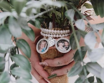 Pearl and Rhinestone Bridal Bouquet Memorial Photo Charm, Wedding Bouquet Wrap, Personalized Keepsake for Bride