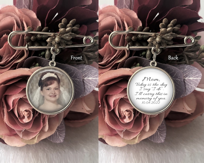 Wedding Bouquet Photo Charm, Memorial Pin, Groom Boutonniere, Bridal Bouquet Charm, Wedding Memorial Charm, Bronze, Silver or Gold Silver - White