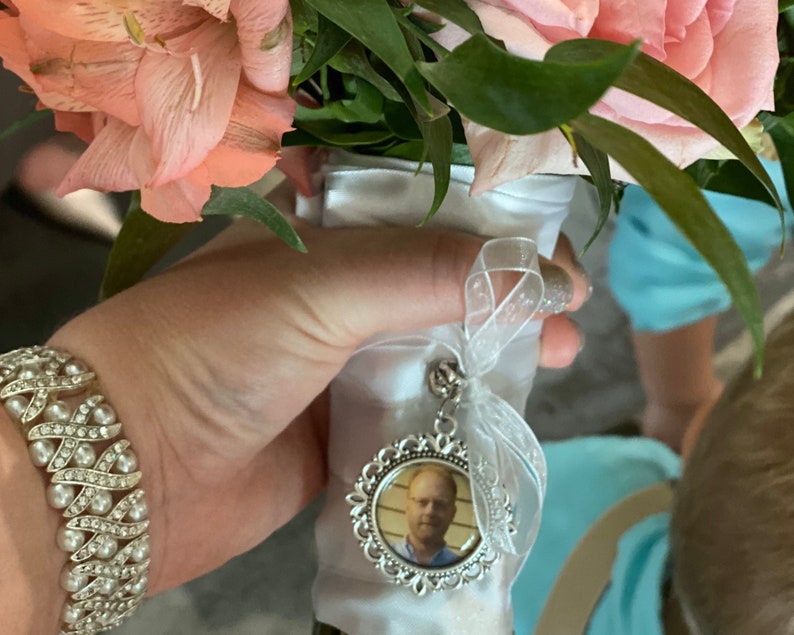Photo Bouquet Memorial Charm, Memorial Charm for Bride, Double Sided Wedding Charm, Bridal Charm Custom Photo & Text, Walk with me Dad image 5