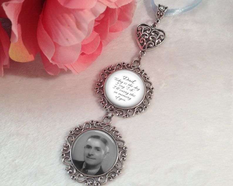 Bridal Bouquet Charm, Personalized Wedding Bouquet Charm, Photo Memorial Charm, Custom Photo & Wording, 1 to 4 pendants, Dad Memory Charm image 1