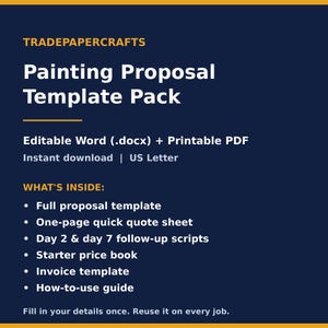 Könnte beinhalten: Ein dunkelblaues digitales Dokument mit dem Titel Painting Proposal Template Pack von TRADEPAPERCRAFTS. Es enthält eine bearbeitbare Word-Datei und ein druckbares PDF im US-Letter-Format mit Angebot, Kurzangebot, Skripten und Rechnung.