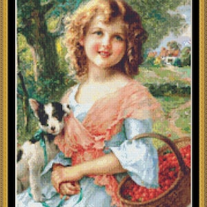 May include: A young girl with blonde hair and a pink shawl holds a basket of red berries. A small white and black dog sits beside her.