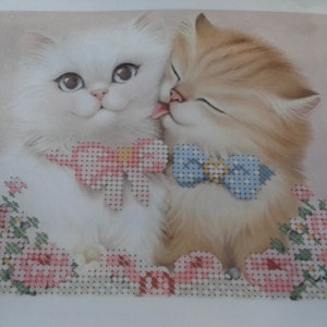 Op de afbeelding: Een kruissteekpatroon met twee witte en oranje kittens die roze en blauwe strikken dragen. De kittens worden omringd door roze bloemen. De tekst "DANA-1238 MURKOTIKI" staat in de rechterbenedenhoek van de afbeelding.