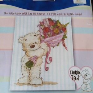 This DMC Teddy with me is a small 14 count cross stitch kit