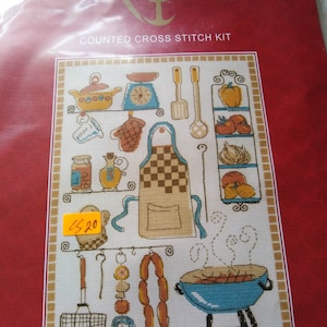 This Anchor Lets Cook Sampler  cross stitch kit is ideal for framing it is on 16 count Aida
