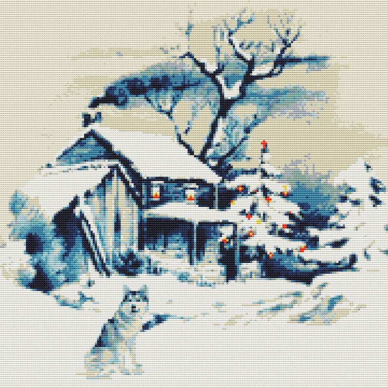 Old Barn and Husky in the Snow is a14,16 and 18 count cross stitch kit with Anchor or Dmc Threads