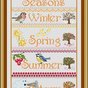 A Season&#39;s Sampler is a 18 count cross stitch PDF pattern/chart  for DMC and Anchor   Threads
