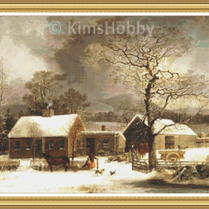 May include: A snowy winter scene with a farmhouse and a large tree in the foreground. The farmhouse has a snow-covered roof and a chimney. The tree has bare branches and is covered in snow. The sky is overcast and there is a faint glow in the distance.