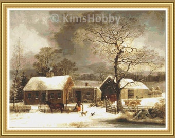 Winter Scene in New Haven is a14,16 and 18 count cross stitch pattern/PDF  for  Dmc  Threads