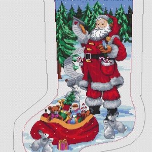 May include: Santa Claus stands in a snowy forest holding a list and a bag of toys. He is wearing a red suit with white trim and a black belt. The bag is full of toys, including a teddy bear, a toy trumpet, and a toy train. There are also two white rabbits in the snow.