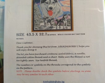 May include: Husky cross stitch pattern kit with 21 colors. The kit includes scaled fabric, a needle, stranded cotton thread, and a chart. The pattern is 43.5 inches by 32.7 inches. The kit is by Jill & Kimshobby.