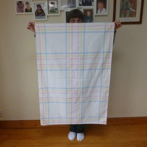 May include: A white tablecloth with a blue, pink, and yellow plaid pattern.
