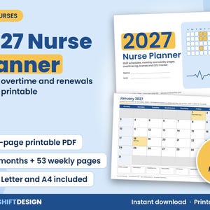 Op de afbeelding: Een 2027 verpleegkundigenplanner als printbare PDF met een voorpagina inclusief kalender en hartslag-afbeelding, en een maandkalender voor januari 2027. De tekst bevat 2027 Nurse Planner, 96-page printable PDF en 12 months + 53 weekly pages.