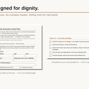 May include: A printed document titled Designed for dignity featuring a Bank Accounts & Cash Flow form with entry fields measuring 0.4 inches in height and a checklist titled Hours 0-4 with 0.25 inch square checkboxes for recording financial data.