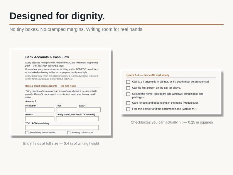May include: A printed document titled Designed for dignity featuring a Bank Accounts & Cash Flow form with entry fields measuring 0.4 inches in height and a checklist titled Hours 0-4 with 0.25 inch square checkboxes for recording financial data.
