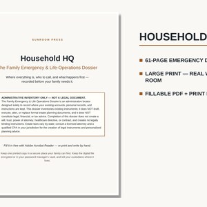 May include: A 61-page Household HQ family emergency and life-operations dossier. The document features large print, fillable PDF and print editions, and includes administrative inventory instructions for recording essential family information.