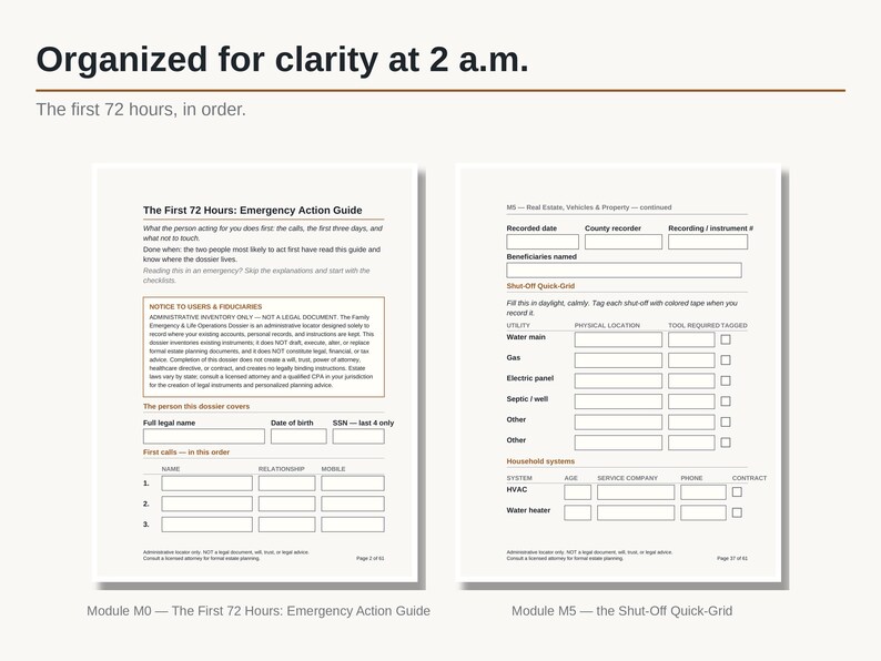 May include: Two white pages of an emergency action guide and a shut-off quick-grid. The left page is titled The First 72 Hours: Emergency Action Guide with fields for personal info. The right page is titled M5 -- Real Estate, Vehicles & Property.