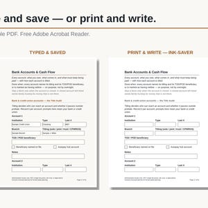 May include: A digital document template titled Bank Accounts & Cash Flow, presented in two versions: one with typed sample data and one blank for printing. The text includes instructions for recording account details, institution names, and beneficiary information.