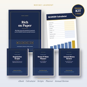 May include: A digital product kit titled Rich on Paper by Novae Laurent, featuring a main guide, a Margin Calculator sheet with bar charts, and three booklets: Negotiation Scripts, Bonus & Raise Planner, and Annual Money Review.