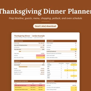 Può includere: Un modello di foglio di calcolo digitale per la pianificazione della cena del Ringraziamento con sezioni per il conto alla rovescia, gli ospiti, gli RSVP, le liste della spesa, i menu e gli orari del forno, con un pulsante di download Excel .xlsx.