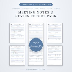 Meeting Notes Template & Status Report Template Bundle, Word + PDF, One-on-One Notes, Stand-Up, Retro, Executive Status Report, PM Templates