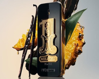 May include: A rectangular black perfume bottle with a prominent gold embossed number 1 and the text MILLION BLACK rabanne. The bottle is surrounded by dark vanilla bean pods, a slice of yellow pineapple, and a green leaf, creating a layered composition.