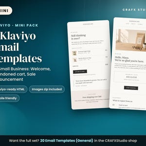 Modelli di email Klaviyo Mini, 3 email minimali per piccole imprese, email di benvenuto, carrello abbandonato, annuncio di vendita, HTML modificabile