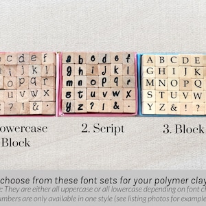 May include: Three sets of alphabet stamps for polymer clay projects. The first set is lowercase block letters, the second is script, and the third is uppercase block letters. Each set includes letters, numbers, and punctuation marks.