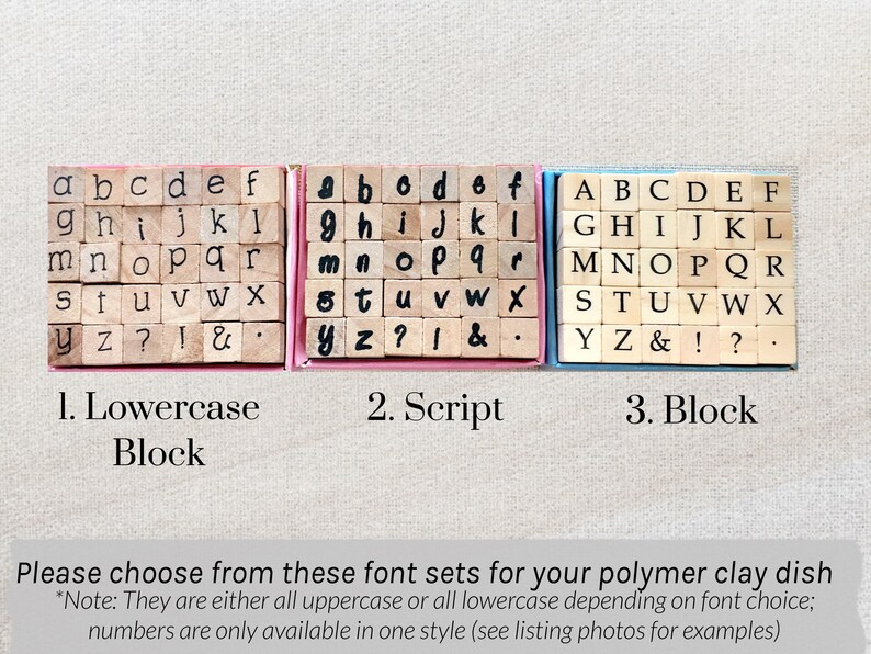 May include: Three sets of alphabet stamps for polymer clay projects. The first set is lowercase block letters, the second is script, and the third is uppercase block letters. Each set includes letters, numbers, and punctuation marks.