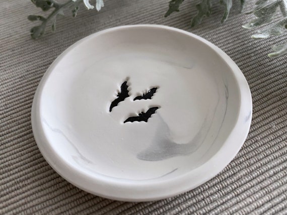Goth Ring Dish, Gothic Wedding Jewelry dish, Black Bat Halloween Wedding Decor, Pastel Goth Decor