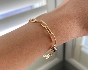 Gold Paper Clip Chain Bracelet, Minimalist Paperclip Link Chain, Dainty Oval link for Charm Bracelet