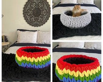 18x9” round Large chunky crochet knit double layered handmade cat small dog bed cute cozy fluffy rainbow and black chenille yarn