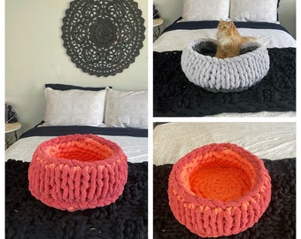 18x9” round Large chunky crochet knit double layered handmade cat small dog bed cute cozy fluffy pumpkin orange terracotta chenille yarn