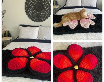 28” Large chunky crochet knit handmade cat small dog bed cute cozy fluffy red flower chenille yarn machine washable