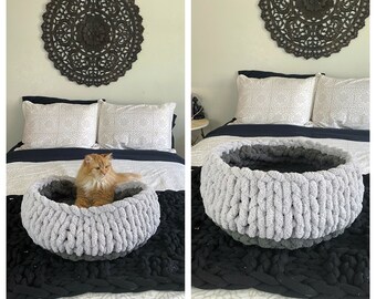 18x9” round Large chunky crochet knit double layered handmade cat small dog bed cute cozy fluffy gray and charcoal chenille yarn