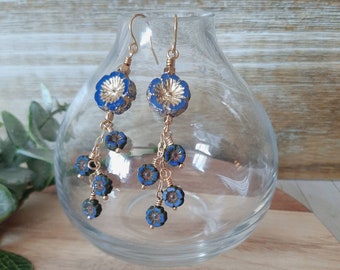 Long blue flower earrings, blue and gold earrings, long dangle earrings, gold flower earrings, gold jewelry, boho jewelry, romantic earrings