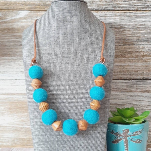 Felt ball necklace, wood bead necklace, leather cord necklace, felt balls, turquoise necklace, turquoise, blue, boho, statement necklace