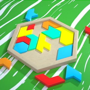 May include: A wooden hexagon puzzle with colourful geometric shapes. The puzzle pieces are arranged in a pattern, with some pieces missing. The puzzle is on a green and white striped surface.