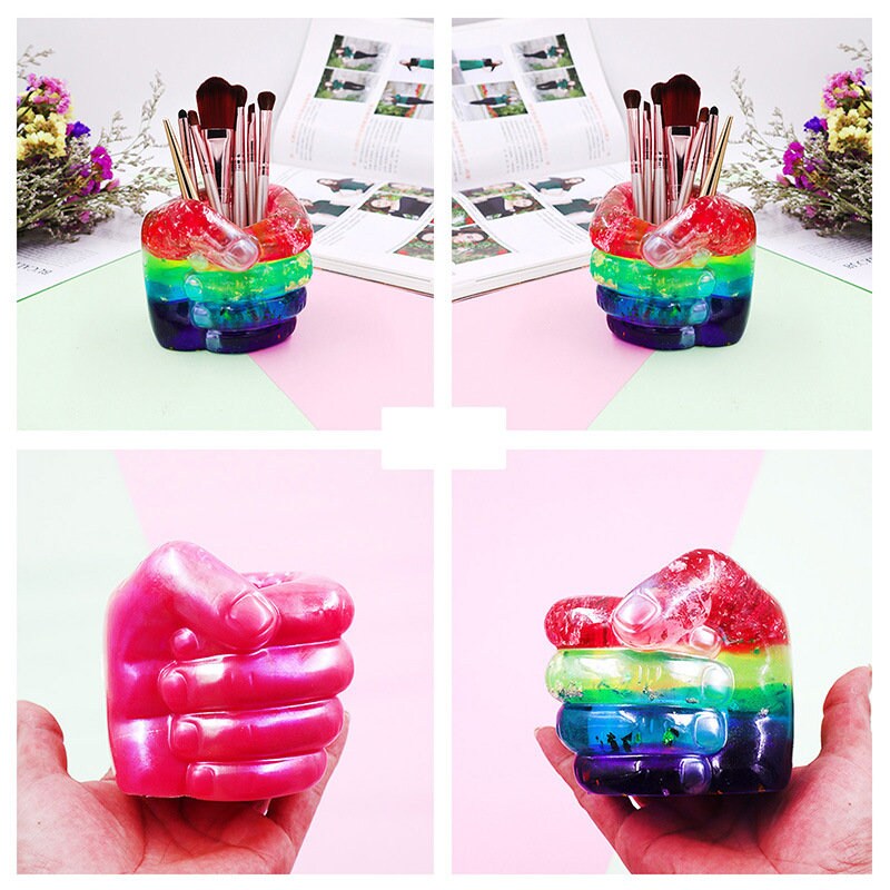 Golden Hand Shape Pen Holder - Resin Fist Sculpture Desk Organizer With Vintage Finish