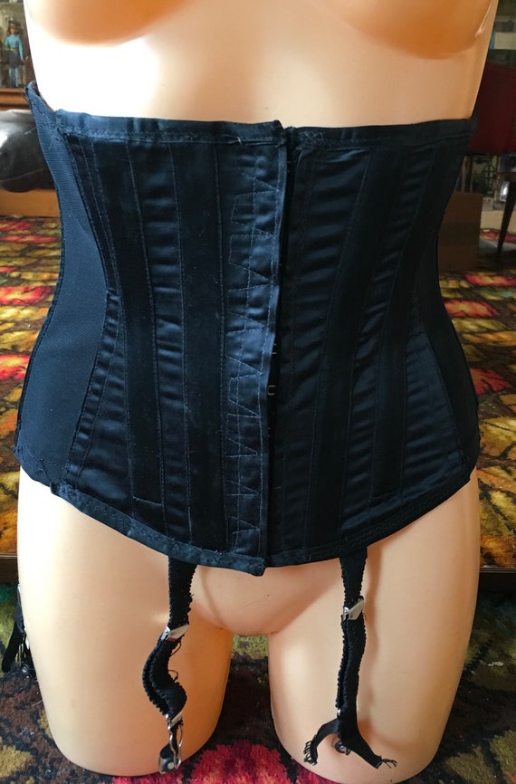 vintage black satin boned corset burlesque fetish
