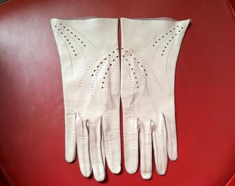 Vintage 50’s kid leather pink gloves punch pattern flared cuffs by Milore