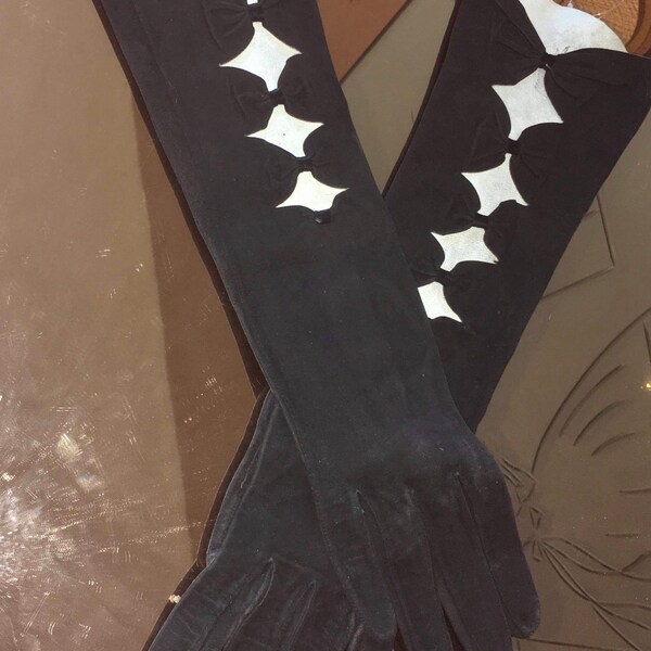 Suede kid vintage French  long  evening gloves cut outs burlesque