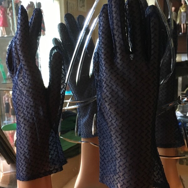 sheer dark blue   Patterned nylon gloves burlesque