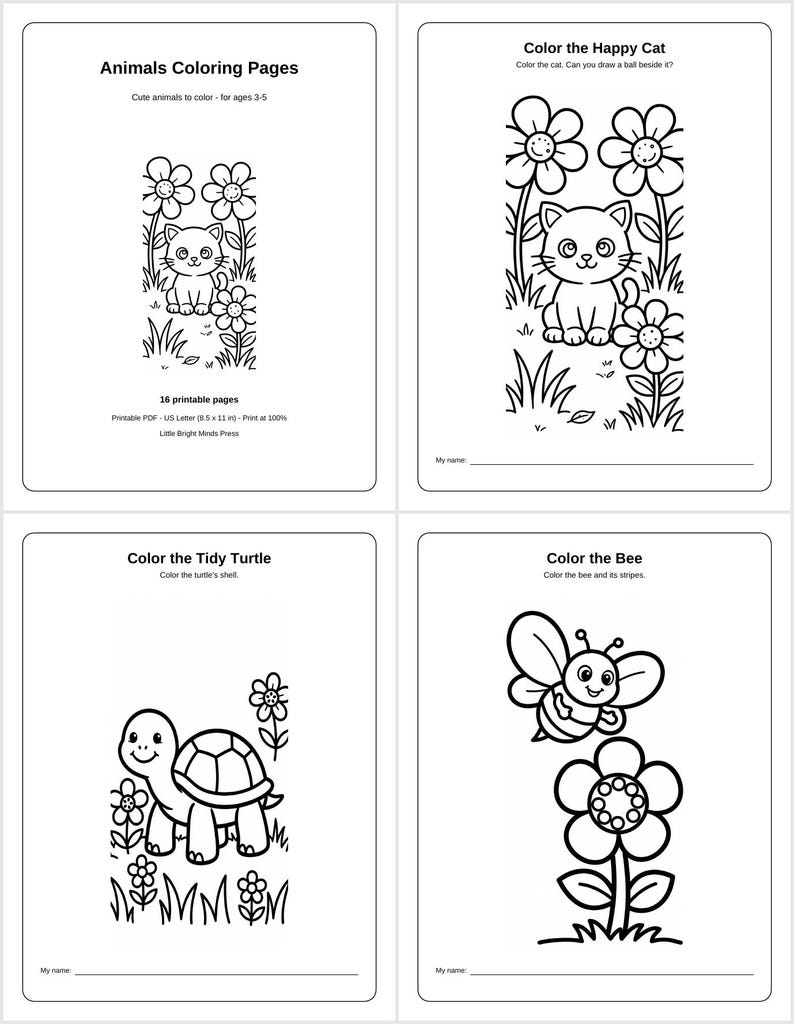 Animals Coloring Pages for Kids Ages 3-5 | 16 Cute Animal Coloring